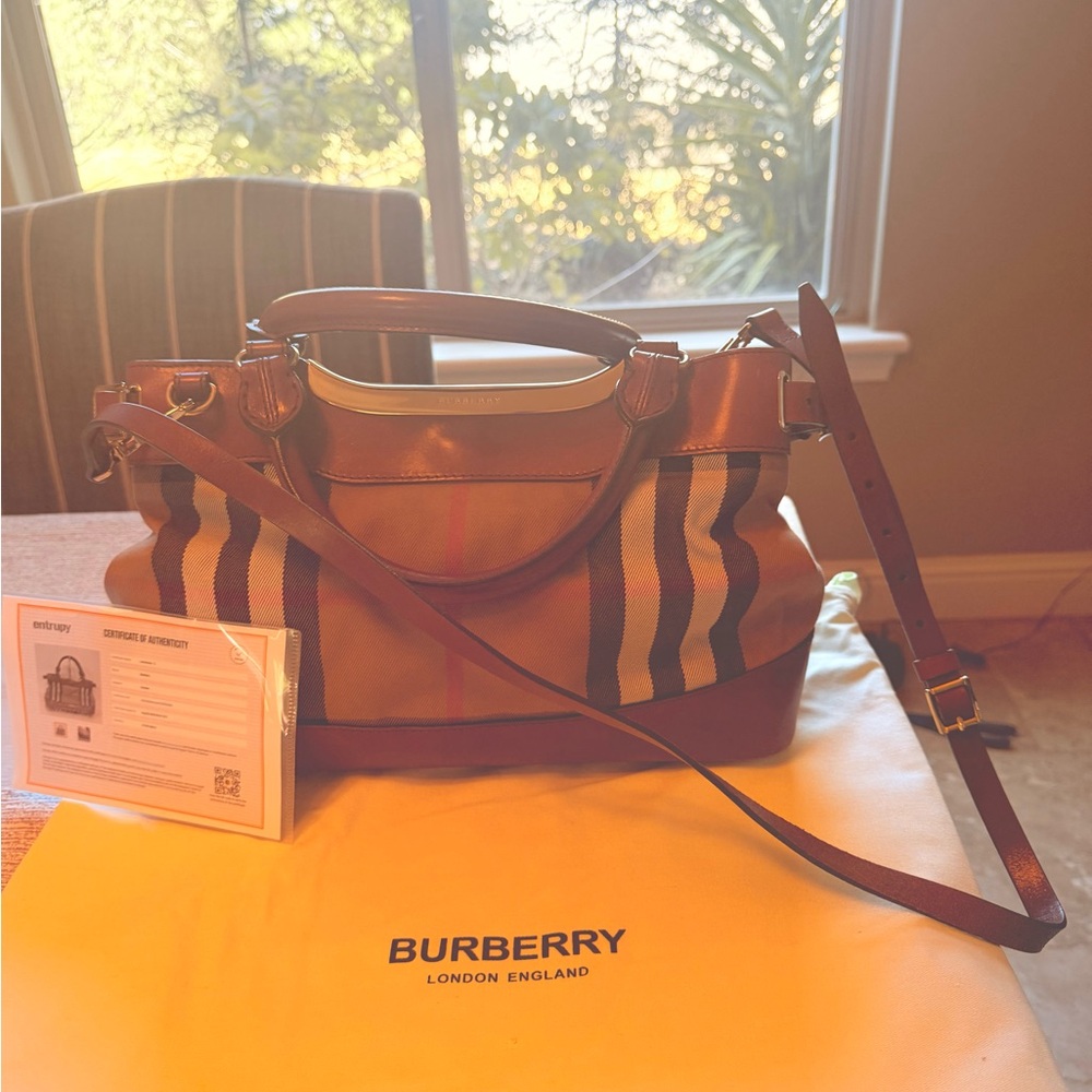 Authentic Burberry Dark Tan Leather Bridle House Check Canvas Hepburn with Strap